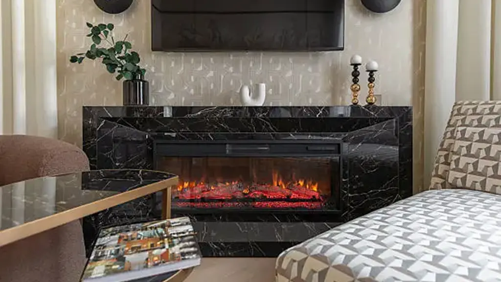 Modern electric Fireplace with Black Marble Surround in Cozy Room
